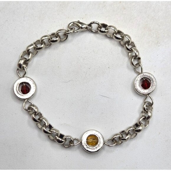 Silver-Tone Chain Bracelet With Red & Yellow Gem Accents For Women - Picture 1 of 2